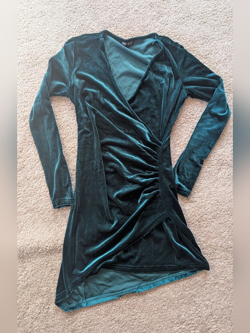 SHEIN Teal Velvet Long Sleeve Wrap Dress